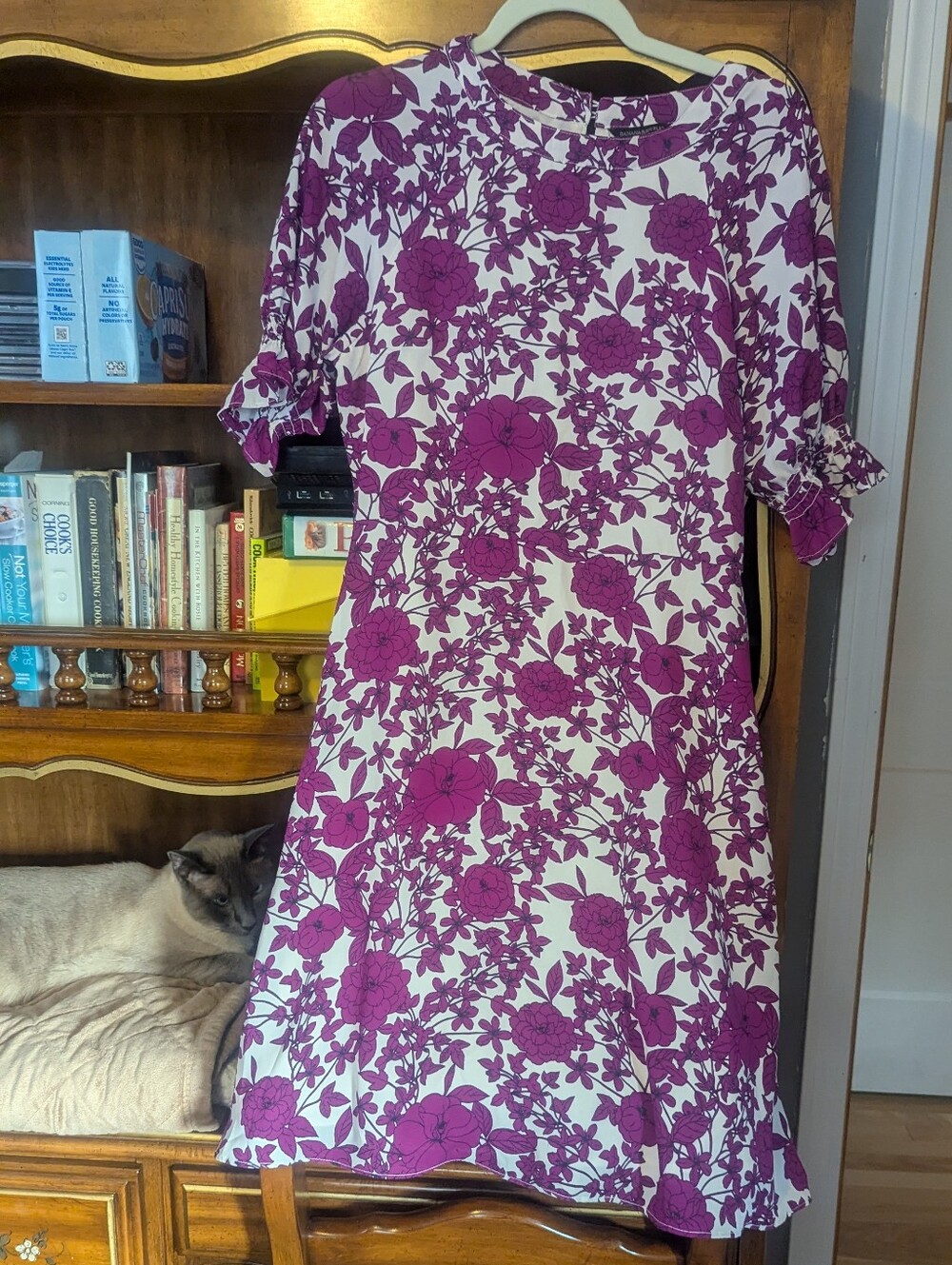 Banana Republic White and Purple Floral Ruffled-Sleeve Dress